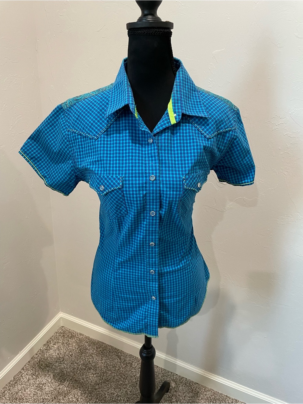 Panhandle Slim Blue Plaid Short Sleeve Button-Down Shirt